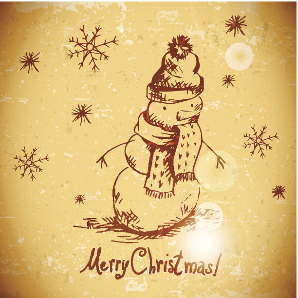 手绘复古贺卡与雪人图片下载