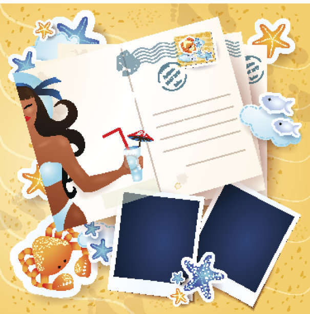 海滩背景与相框和明信片图片下载