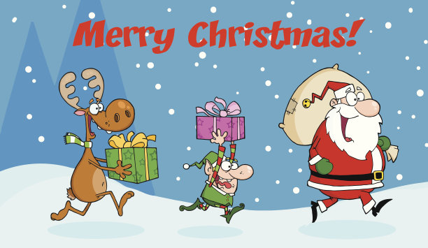 圣诞老人，小精灵，驯鹿跑与礼物-文字图片下载