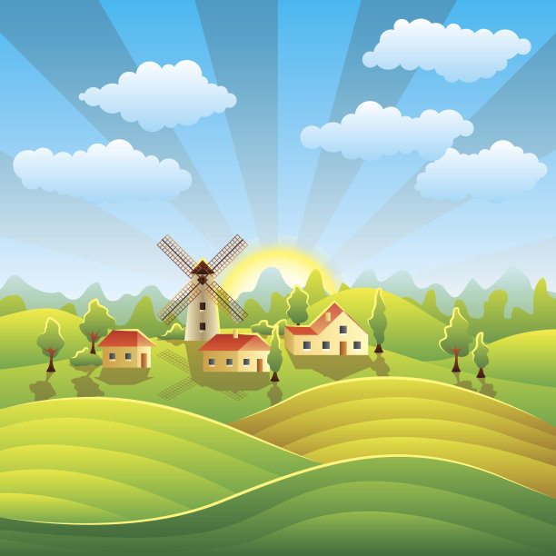 有房子和夏日田野的乡村景观素材图片