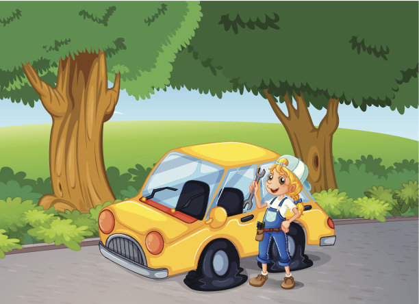 在大树旁修车的女孩图片下载