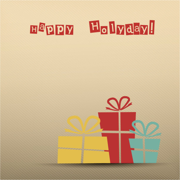 带礼物的复古卡片，青色，黄色，红色图片下载