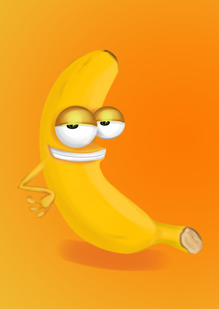 酷，狡猾的黄色香蕉卡通人物微笑在橙色的背景图片下载