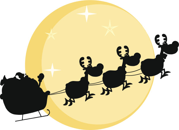 圣诞老人的剪影和驯鹿在雪橇飞行的背景图片下载