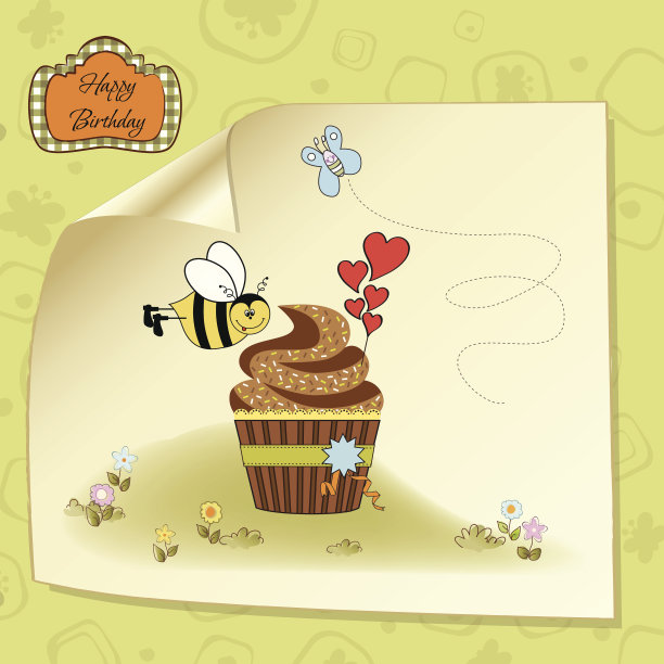 生日贺卡，纸杯蛋糕和有趣的蜜蜂图片下载