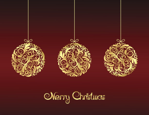 红色背景上的金色圣诞球。图片下载