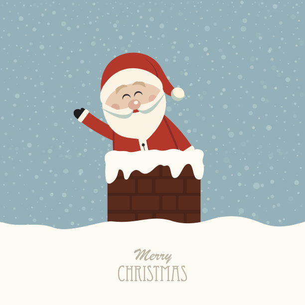 卡通形象的圣诞老人从烟囱在下雪的天空招手图片下载