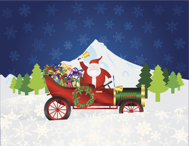 圣诞老人在老爷车上与礼物夜雪场景图片下载