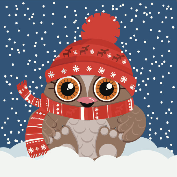 可爱的猫头鹰圣诞和新年假期明信片。图片下载