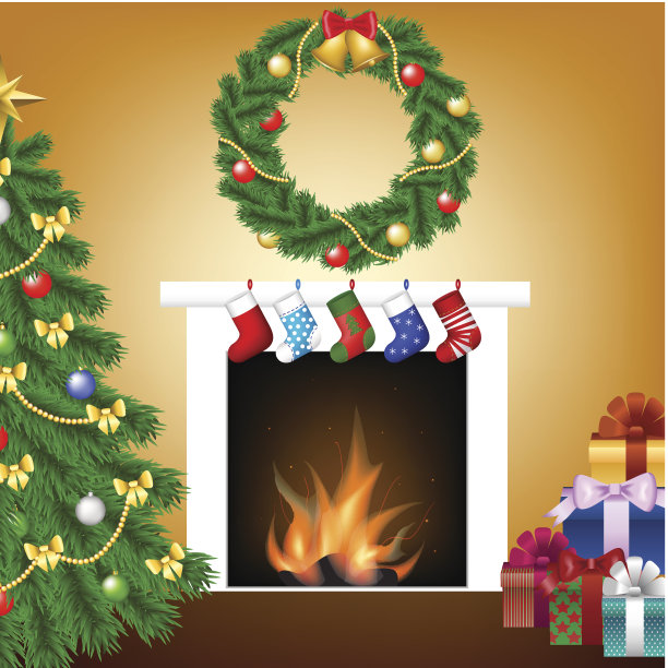 圣诞树，礼物和壁炉图片下载