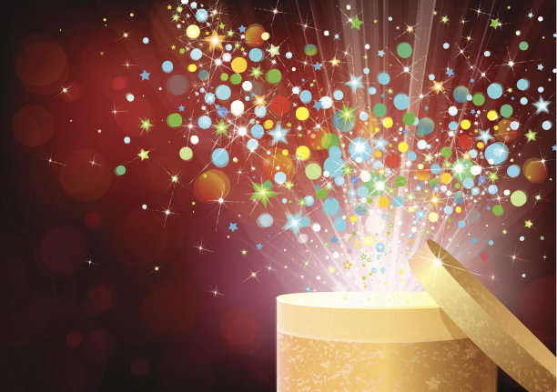 向量金色打开礼物与彩色灯光。图片下载