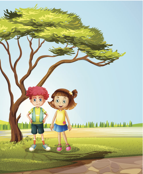 一个女孩和一个男孩在大树旁图片下载