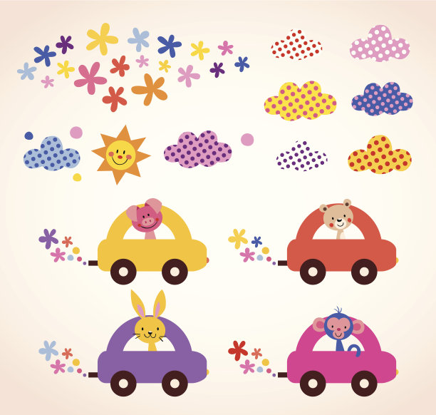 可爱的动物驾驶汽车孩子的东西设计元素集图片下载