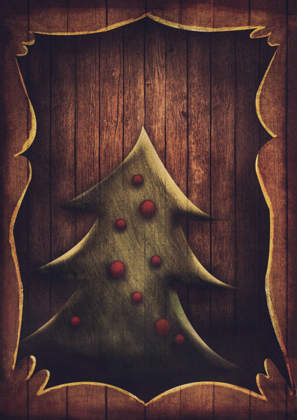 圣诞卡-古董树在木制框架图片下载