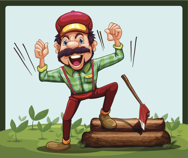快乐的伐木工人用斧头踩着一根木头图片下载