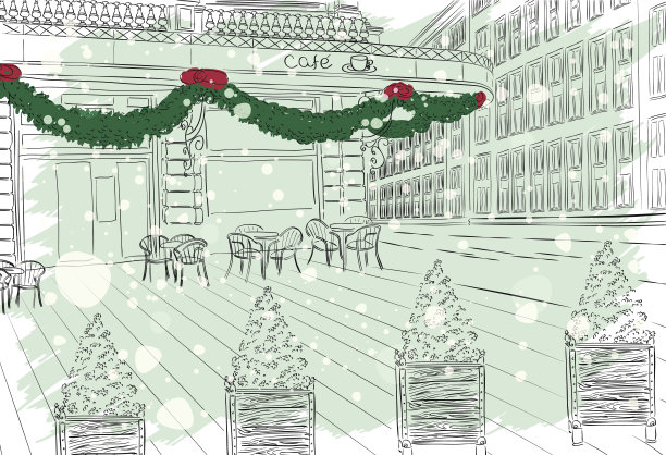 有圣诞装饰的老城区咖啡馆图片下载