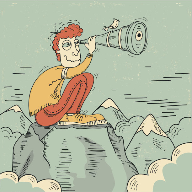 一个坐在山上用望远镜看东西的年轻人图片下载