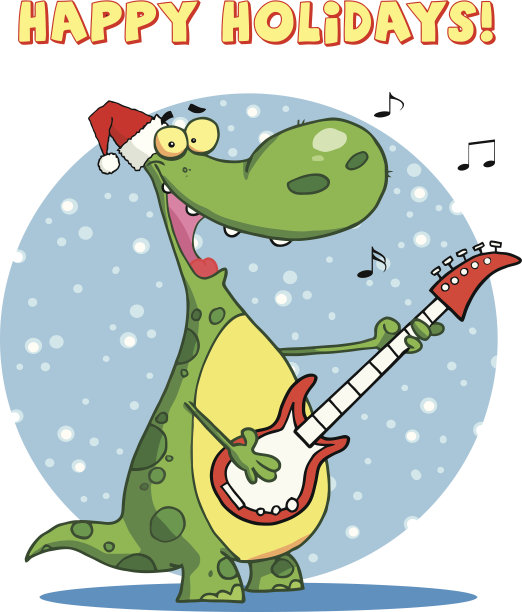 快乐的恐龙用圣诞帽和文本弹吉他图片下载