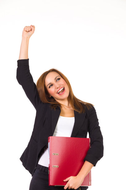 带着活页夹的快乐女商人。图片下载