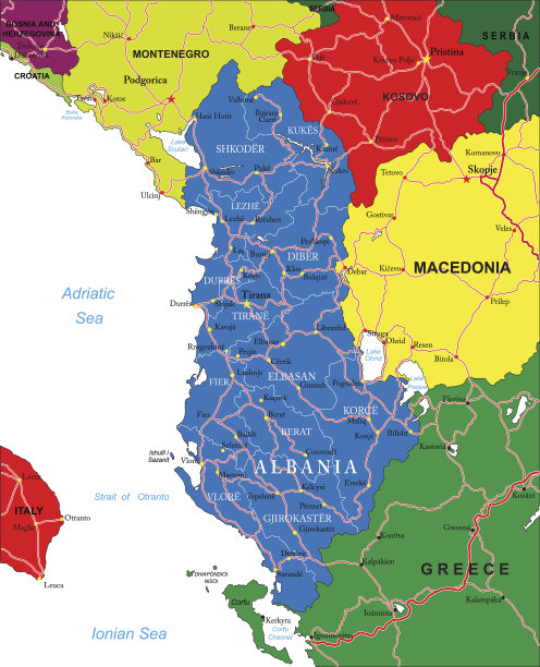 色彩鲜艳的阿尔巴尼亚及周边国家地图图片下载