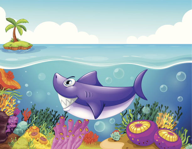 微笑的鲨鱼在海底与珊瑚图片下载