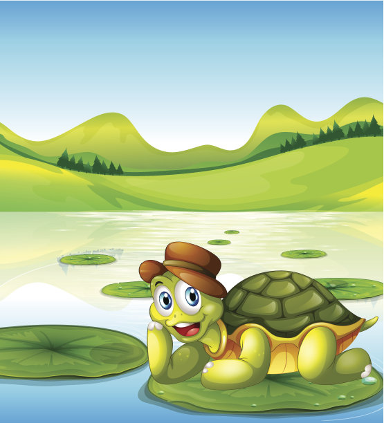 水上睡莲上的快乐乌龟图片下载