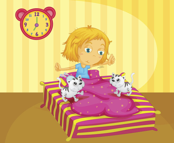 女孩在床上醒来，身边有两只小猫图片下载