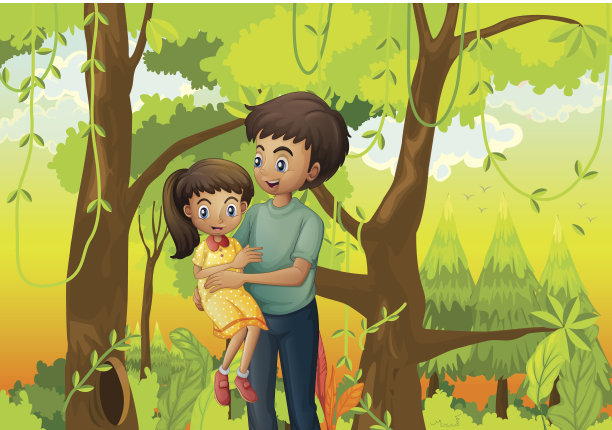 森林和一个父亲抱着他的女儿图片下载