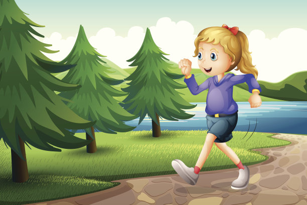 女孩在河边的松树旁慢跑图片下载