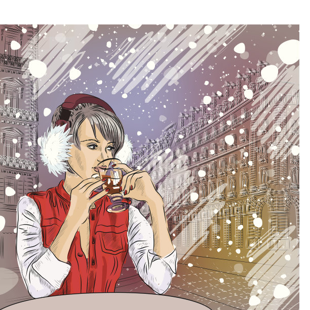 美丽的女孩在街上的咖啡馆喝咖啡图片下载