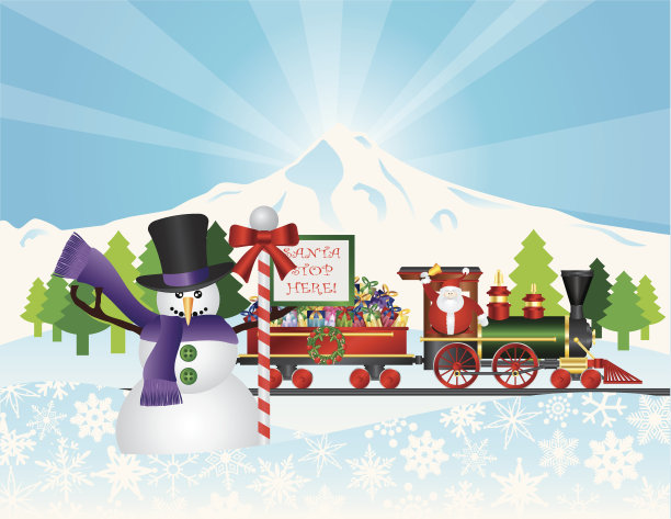 火车上的圣诞老人与雪景矢量插图图片下载