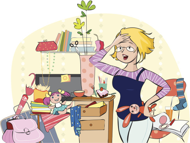 年轻的母亲在凌乱的房间里图片下载