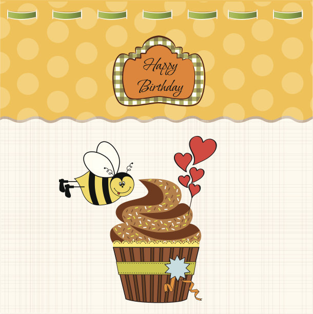 生日贺卡，纸杯蛋糕和有趣的蜜蜂图片下载