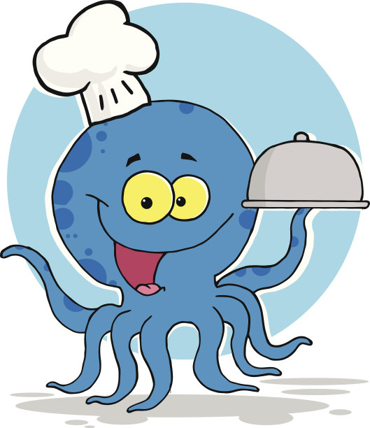 章鱼厨师在有背景的银盘上提供食物图片下载