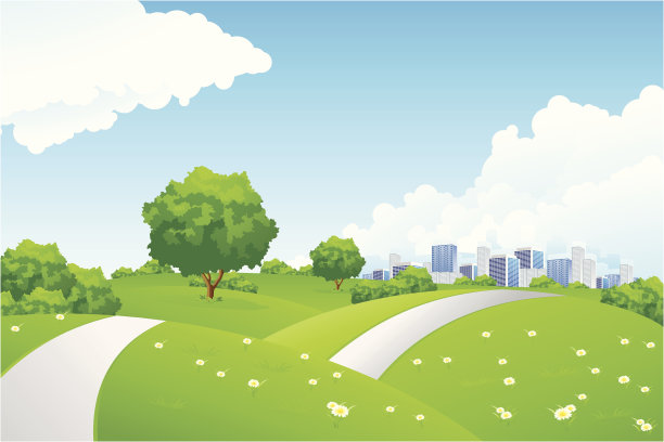 景观-绿树成荫的山丘和城市景观图片下载