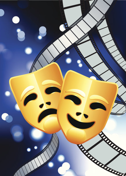 喜剧和悲剧面具与电影卷轴蓝色互联网背景图片下载