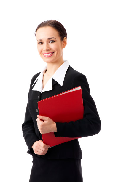 快乐女商人用红色文件夹，孤立上白色图片下载