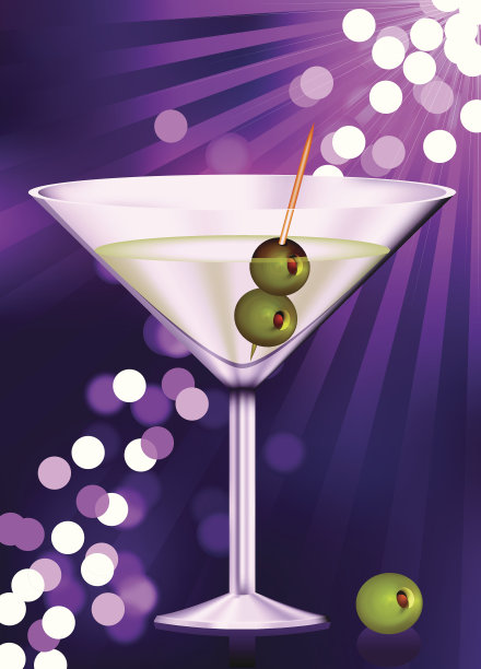马提尼酒杯上放着橄榄，背景是闪烁的灯光图片下载