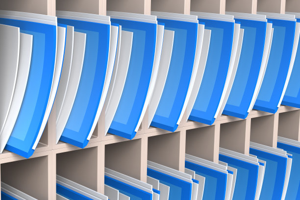 蓝色和白色的文件夹整齐地排列在一个白色的柜子里图片下载