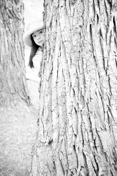 一个小女孩在树后窥视图片下载