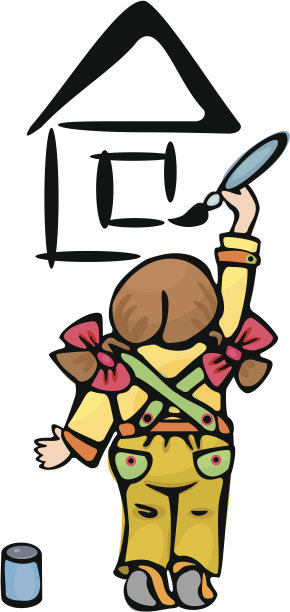 小女孩在墙上画房子。图片下载