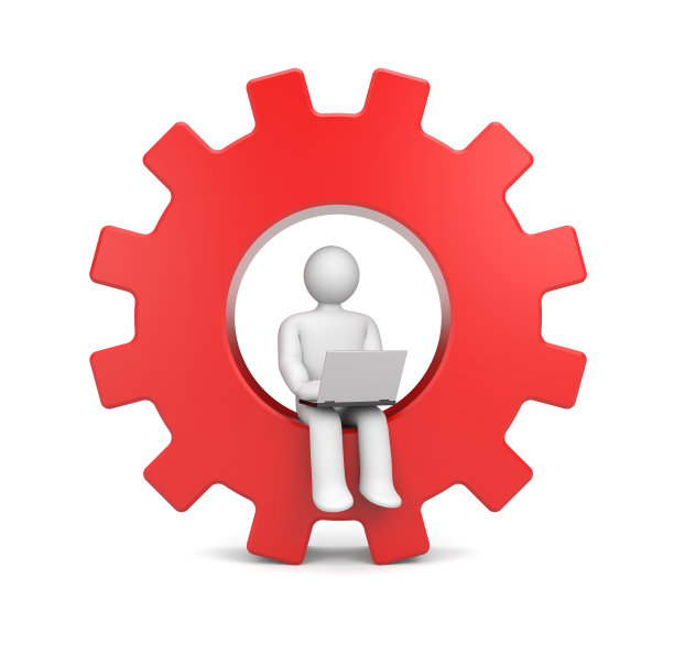 灰色图形拿着红色齿轮的笔记本电脑图片下载