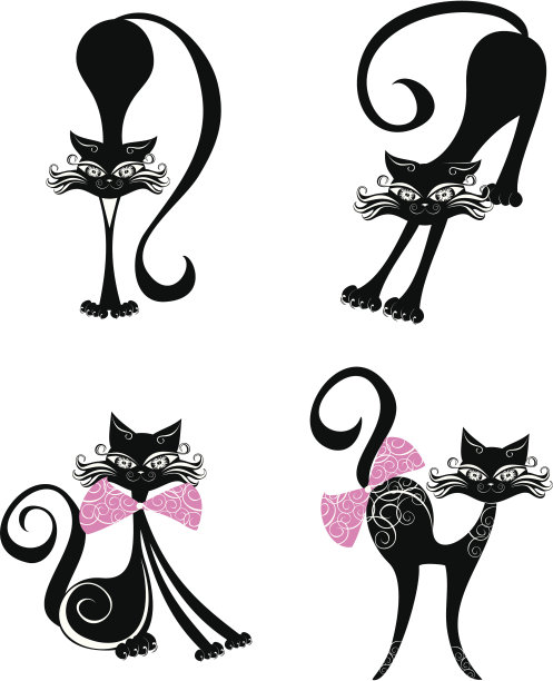 卡通黑猫的四个姿势。矢量图图片下载