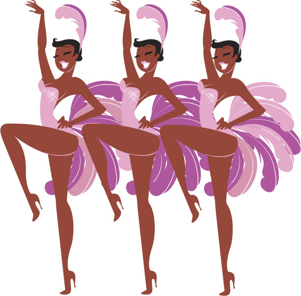 三个穿着粉色和紫色羽毛的歌舞女郎的卡通图片下载