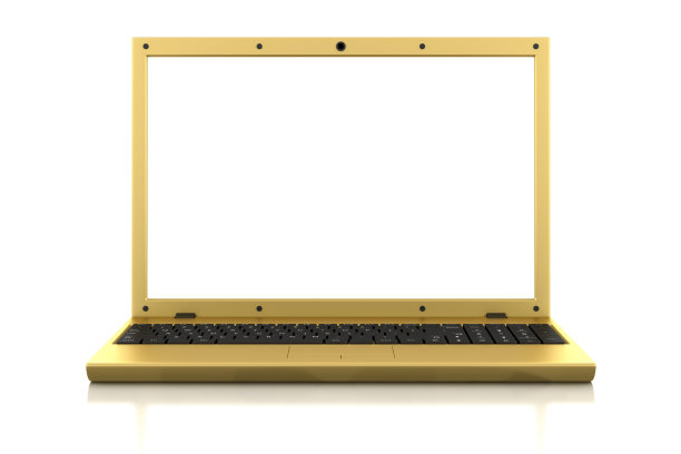 金色笔记本电脑与空白屏幕隔离在白色背景图片下载