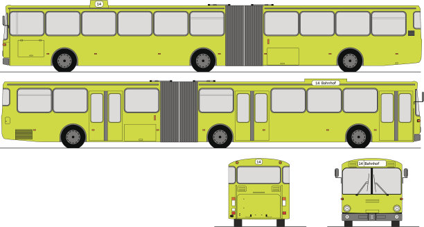 一辆分段公交车的四个侧面图片下载