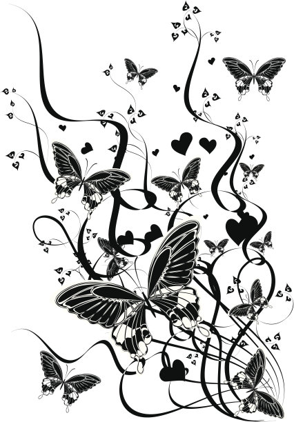 黑色和白色的树枝，树叶，蝴蝶-向量图片下载