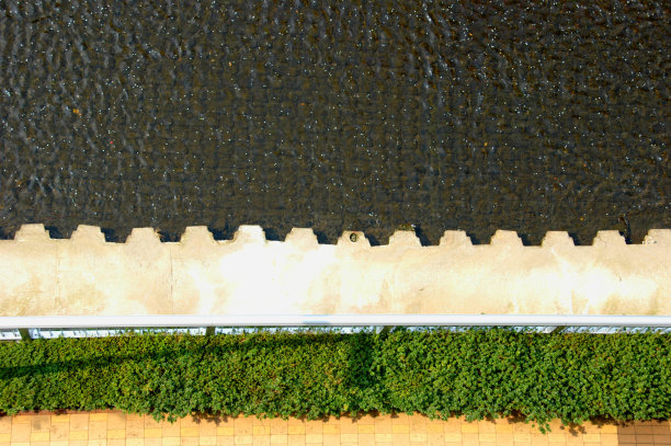 河，栏杆，树篱和路径从上面图片下载