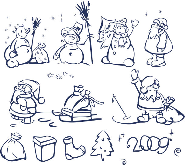 矢量剪影雪人和圣诞老人。图片下载