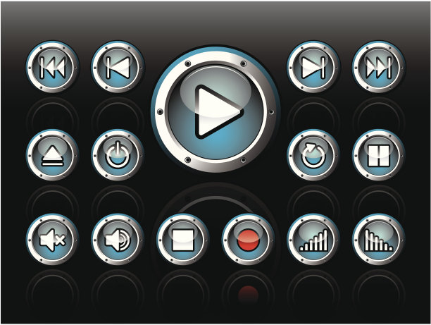 在黑暗的背景上设置音乐主题的闪亮按钮。图片下载